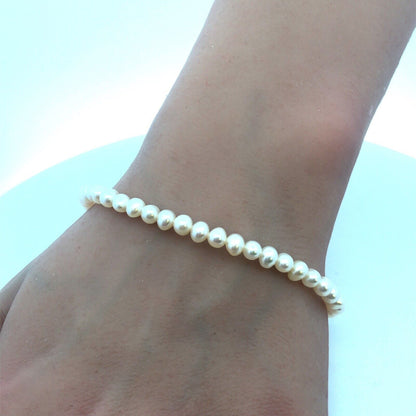 Designer 14K Yellow Gold White Pearl Bridal June Anniversary Beaded Bracelet