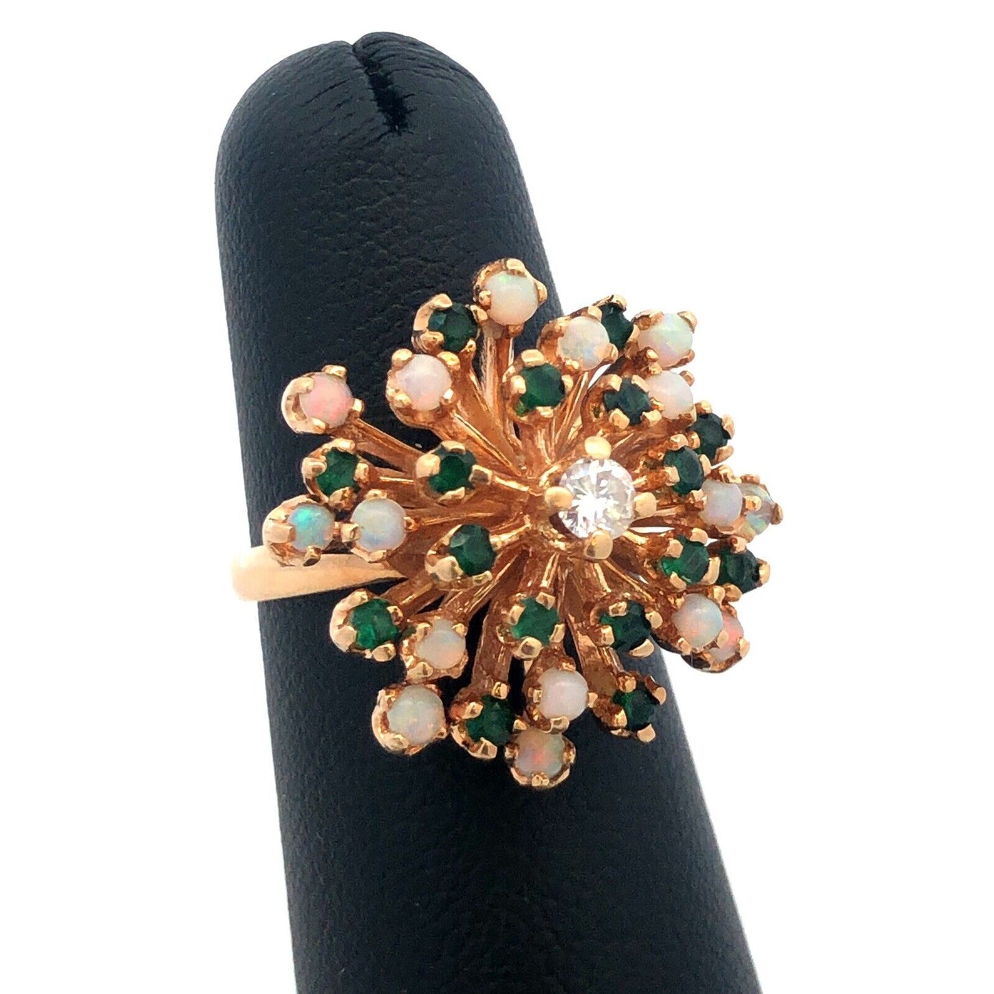 Gorgeous 14k Yellow Gold Diamond Emerald Opal Flower Cluster Ring Size 5.25