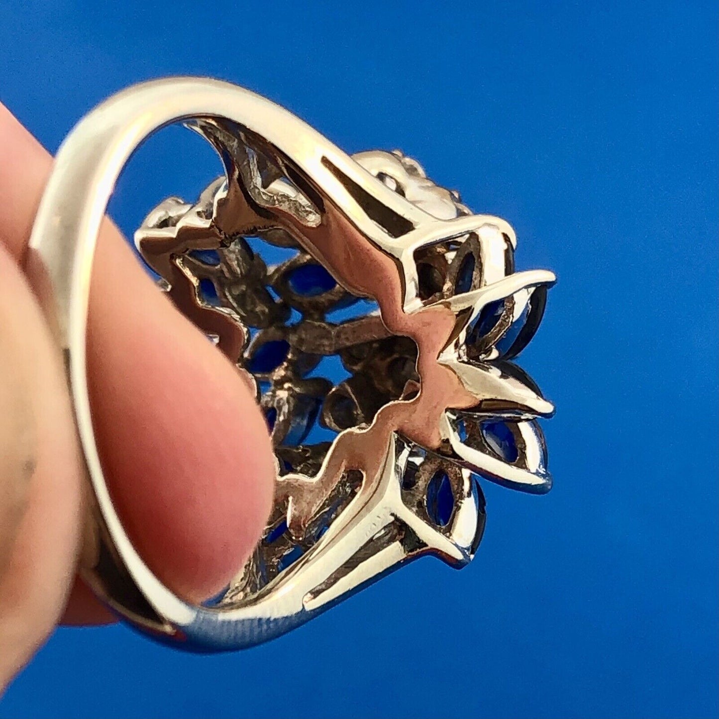 Designer 14K White Gold Sapphire Diamond Starfire Waterfall Anniversary Ring