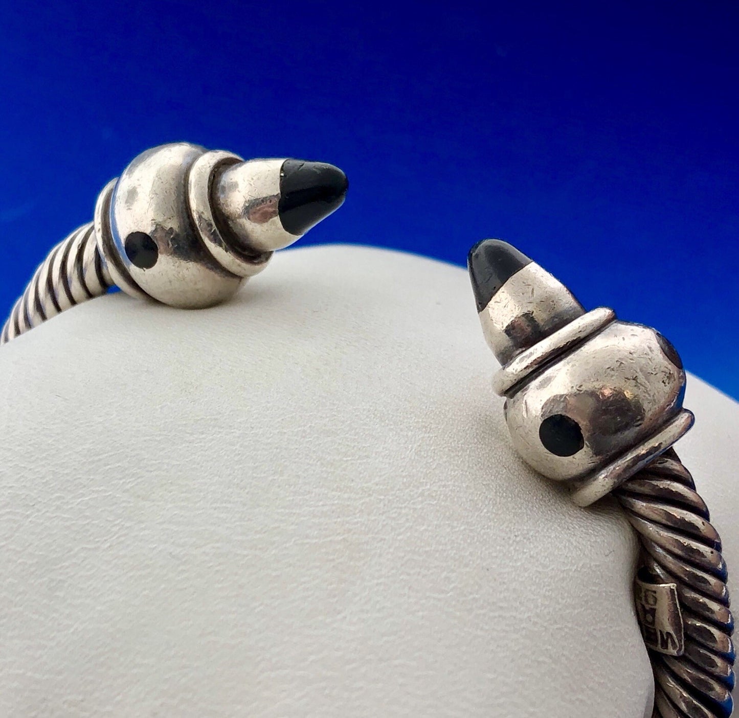 Vintage Taxco Mexico AT Sterling Silver Black Onyx Cable Statement Cuff Bracelet