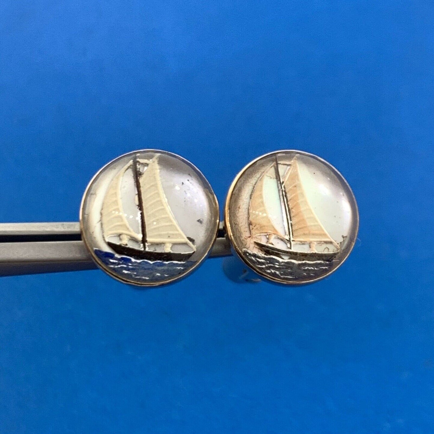 Vintage 14K Yellow Gold Enamel Acrylic Sailboat Sailing Sea Themed Cufflinks