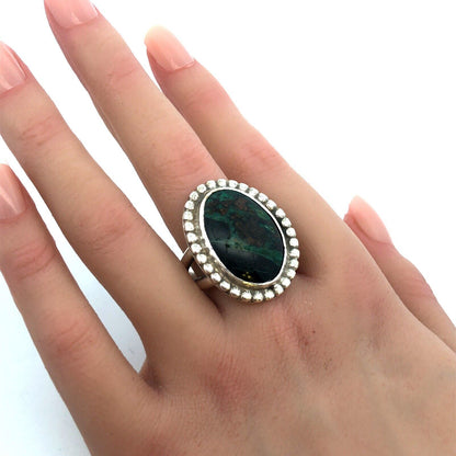 925 Sterling Silver Green Chrysocolla Oval Cabochon Statement Ring