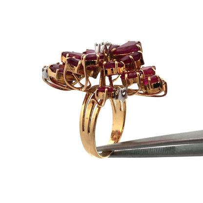 Exquisite Vintage 14K Yellow Gold Ruby Diamond Cluster Statement Cocktail Ring
