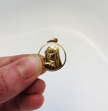 Designer 18K Yellow Gold Mother Mary Religious Communion Easter Disc Pendant