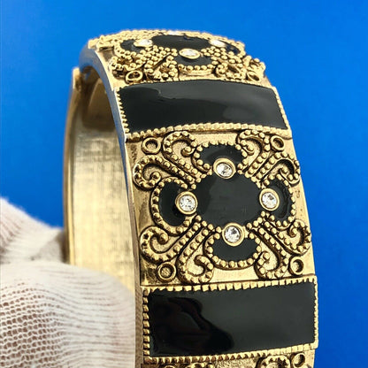 Gorgeous Gold Toned Black Enamel Sparkling Rhinestone 6.5" Hinged Cuff Bracelet
