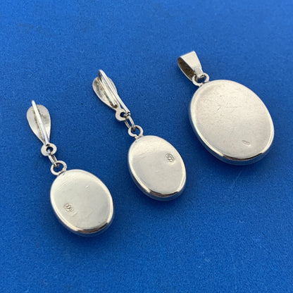 Designer Vintage 900 Silver Pink Jasper Oval Pendant Dangle Earring Set
