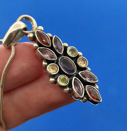 Vintage Designer FAS Italy Sterling Silver 925 Multi Stone Pendant Necklace