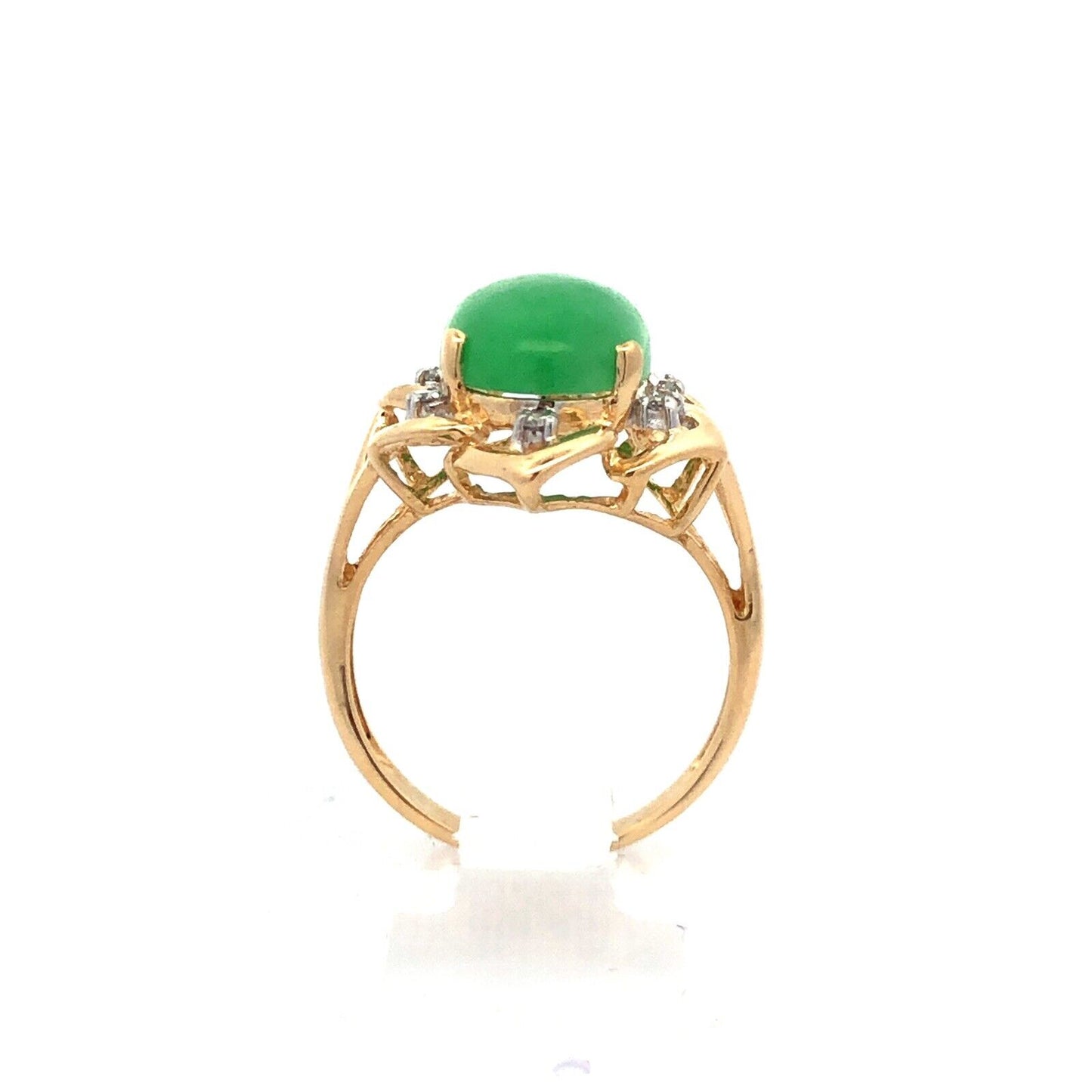 Designer 14K Yellow Gold Oval Jade Cabochon Diamond Accent Cocktail Ring