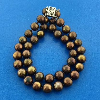 Beautiful 925 Sterling Silver Bronze Chocolate Pearl Double Strand Bracelet