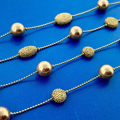 Retro Gold Tone Beaded Egg Oval Faux Bronze Pearl Station Beaded Chain Necklace