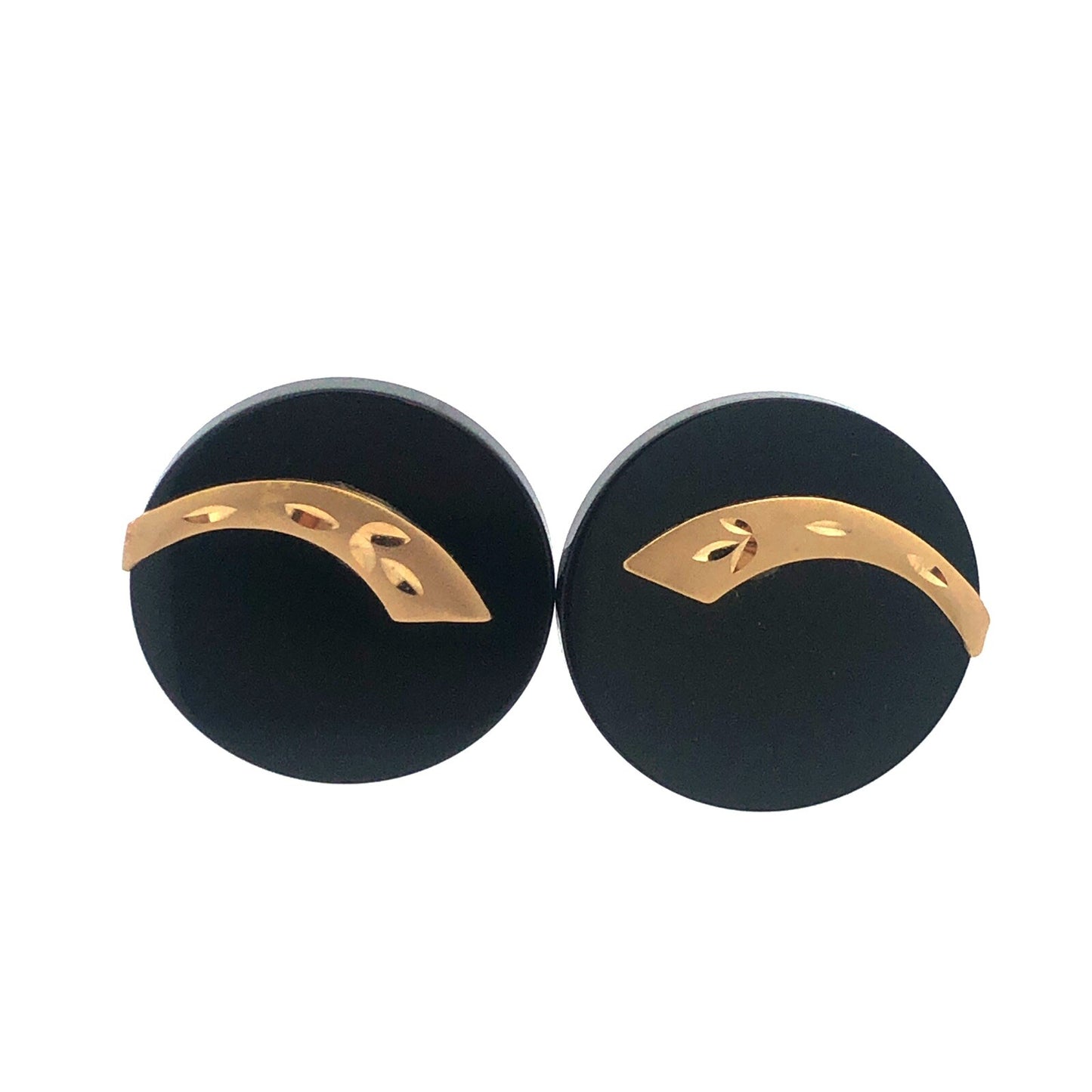 Retro 10K Yellow Gold Leaf Etched Black Resin Modernist Statement Stud Earrings
