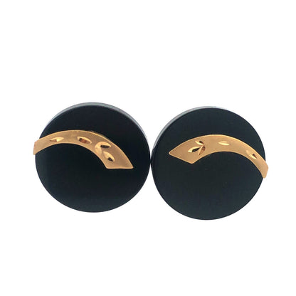 Retro 10K Yellow Gold Leaf Etched Black Resin Modernist Statement Stud Earrings