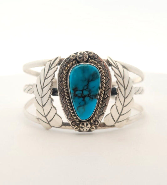 Native American 925 Sterling Silver Turquoise Cabochon Floral Open Cuff Bracelet