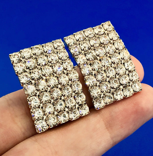 Glitzy Glamorous Silver Tone Crystal Rhinestone Statement Clip On Earrings