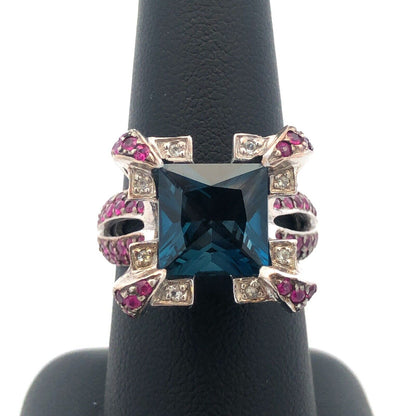 Sterling Silver London Blue Topaz Ruby Diamond Statement Cocktail Ring