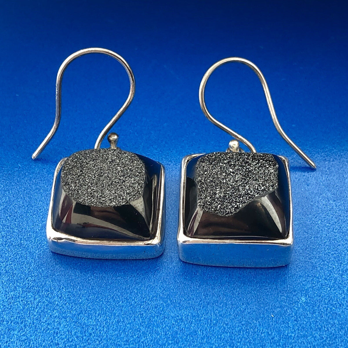 Fifi Rose 925 Sterling Silver Hematite Druzy Statement Square Dangle Earrings