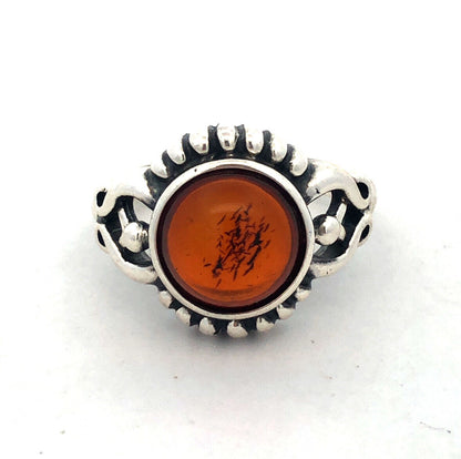 925 Sterling Silver Vintage V-8 Round Cabochon Orange Amber Cocktail Ring