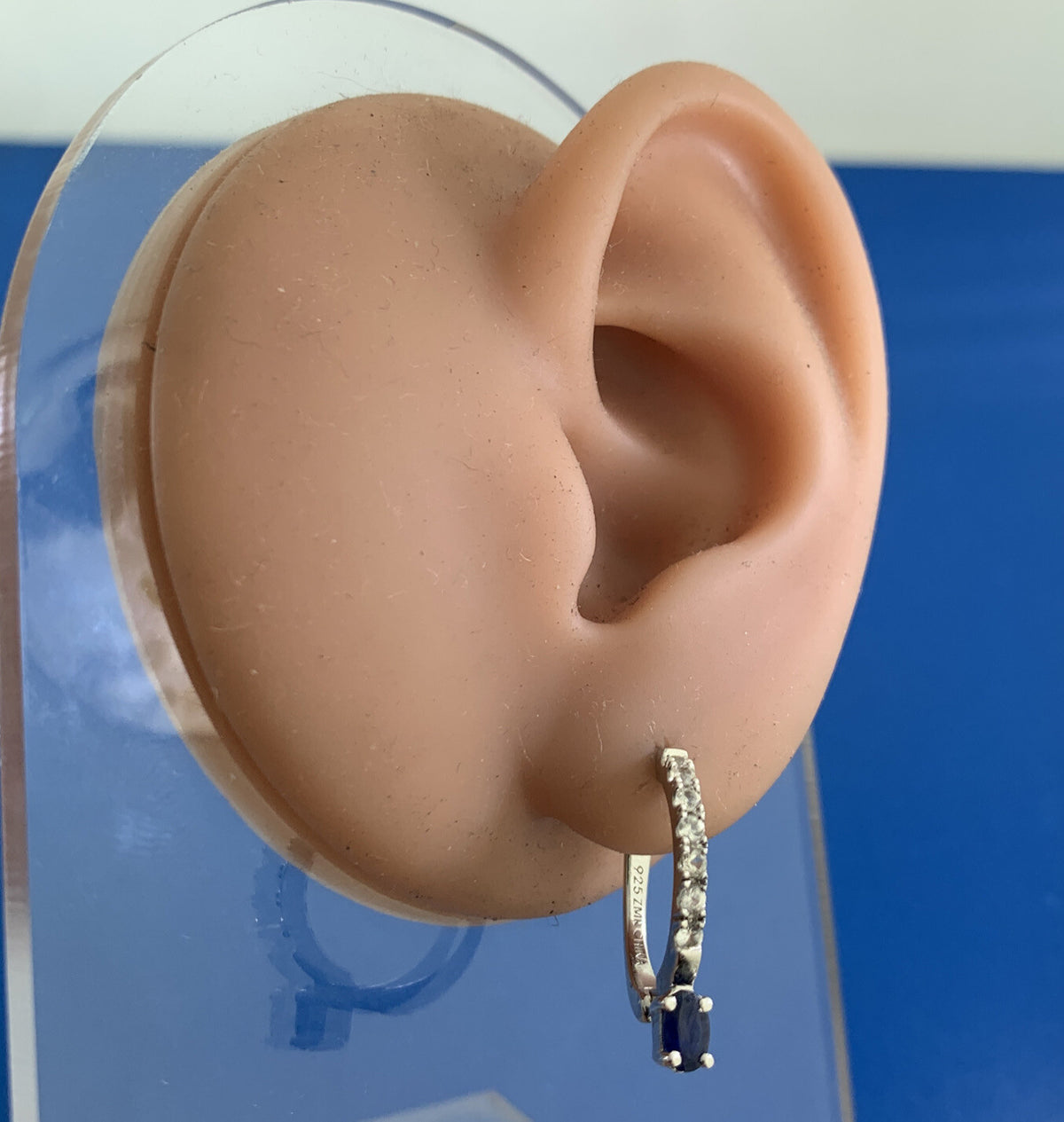 Designer 925 Sterling Silver Sapphire White Topaz Accented Huggie Hoop Earrings