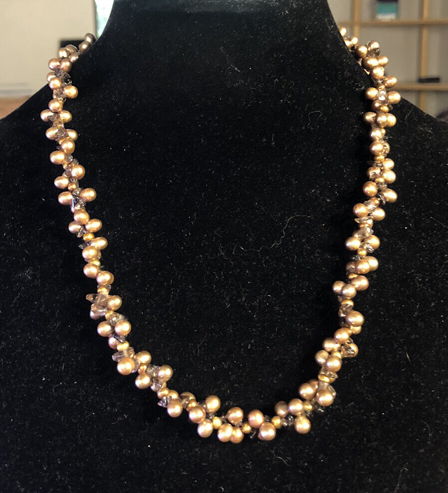 Designer 925 sterling Silver Bronze Pearl Smoky Topaz Cluster Statement Necklace