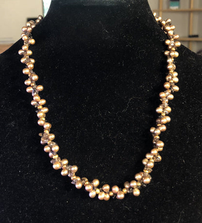 Designer 925 sterling Silver Bronze Pearl Smoky Topaz Cluster Statement Necklace