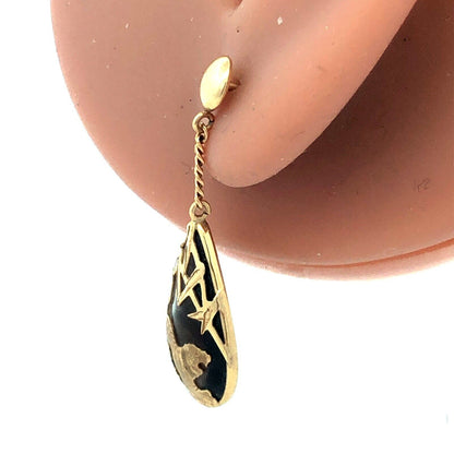 Estate 14K Yellow Gold Teardrop Smokey Quartz Etched Tiger Dangle Stud Earrings
