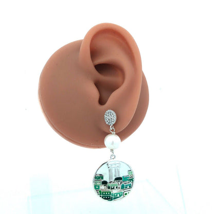 Vintage Casa De Oro 925 Sterling Silver Pearl Enamel Round City Dangle Earrings