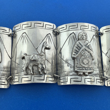 Vintage Peru 900 Silver Aborigine Storyteller Statement Panel Cuff Bracelet