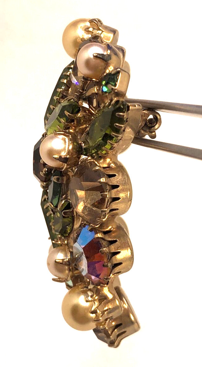 Mid Century Aurora Borealis Rhinestone Faux Pearl Statement Brooch & Earrings