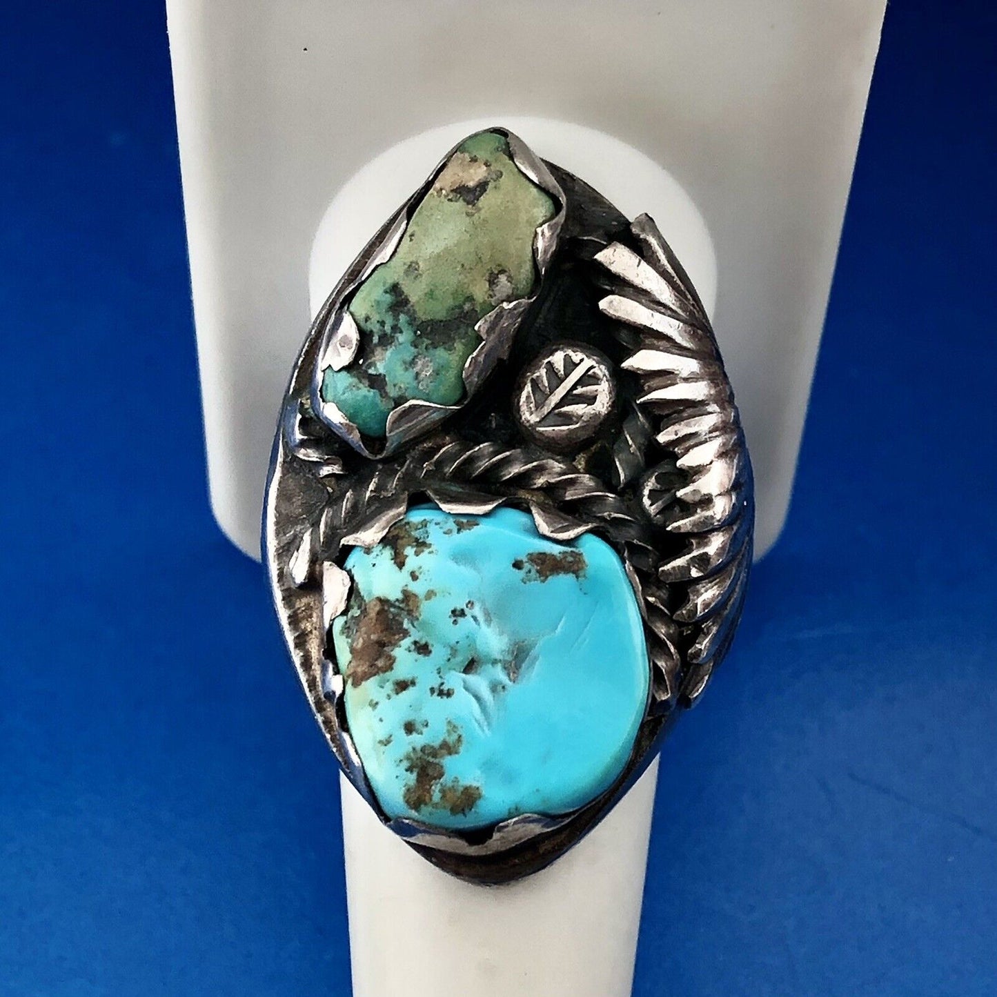 Navajo P Padilla Signed 925 Sterling Silver Chunky Green Blue Turquoise Ring