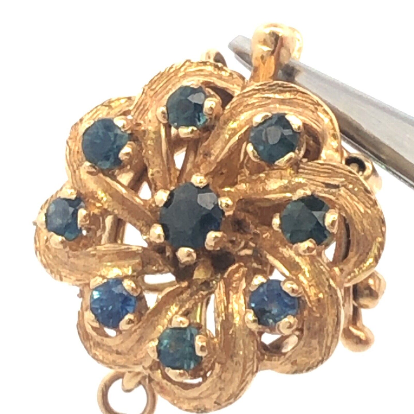 Estate 14K Yellow Gold Round Sapphire Flower Design Pearl Necklace Clasp