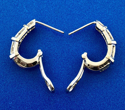 Stunning 14K White Gold Diamond J Hoop Omega Back Wedding Occasion Earrings