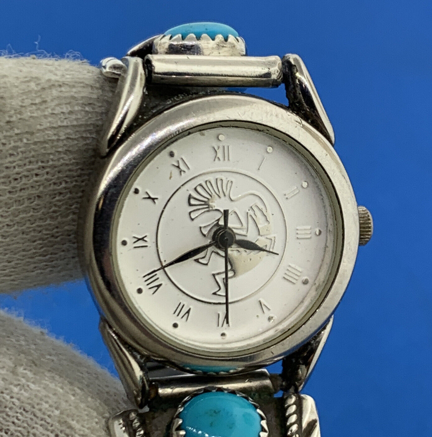 Native American Sterling Silver Turquoise Coral Kokopelli Bracelet Watch Parts