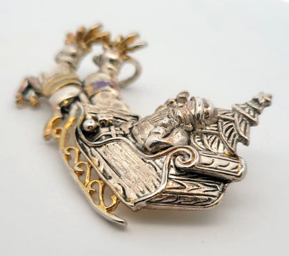 Vintage Silver Gold Tone Santa & Sled Brooch/Pendant Clip Earrings 3 Pc Set