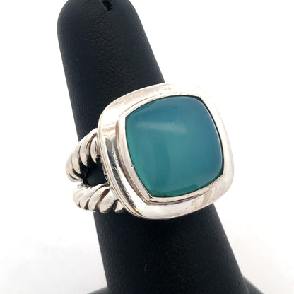 David Yurman 925 Sterling Silver Aqua Chalcedony Square Albion Statement Ring