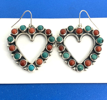 Artisan Leo Feeney Sterling Silver Turquoise Coral Open Heart Dangle Earrings