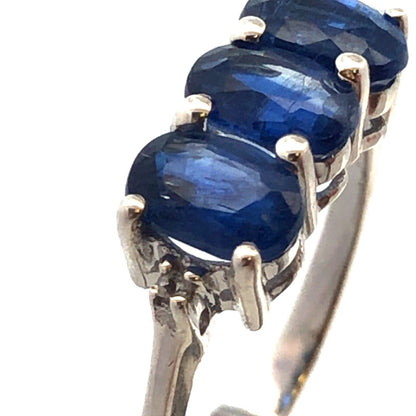 925 Sterling Silver Oval Blue Spinel Trio Round Diamond Accented Ring
