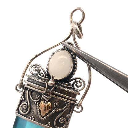 Vintage 925 Sterling Silver Iridescent Crystal Glass Snuff Filigree Box Pendant