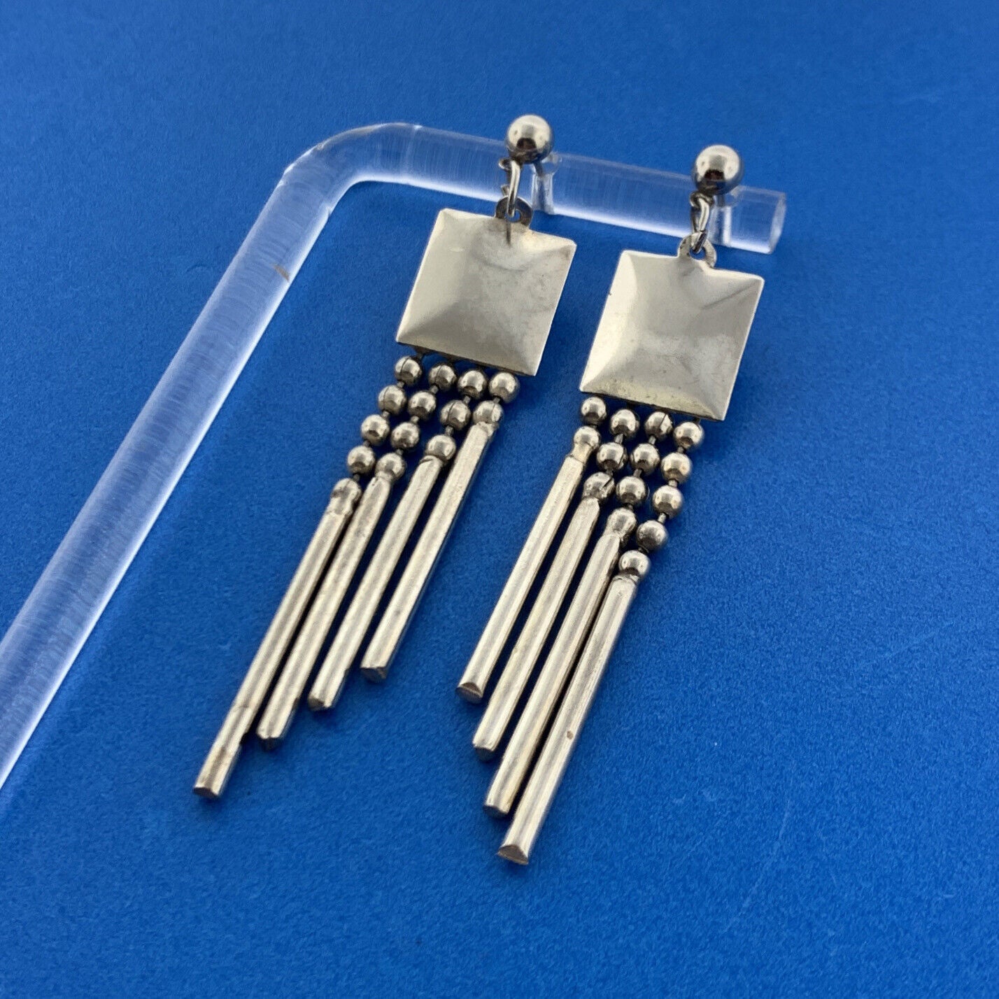 Stunning Silver Toned Metal Square Swinging Rods Stud Dangle Earrings