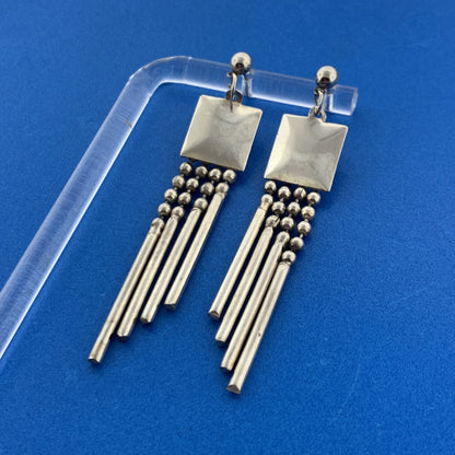 Stunning Silver Toned Metal Square Swinging Rods Stud Dangle Earrings