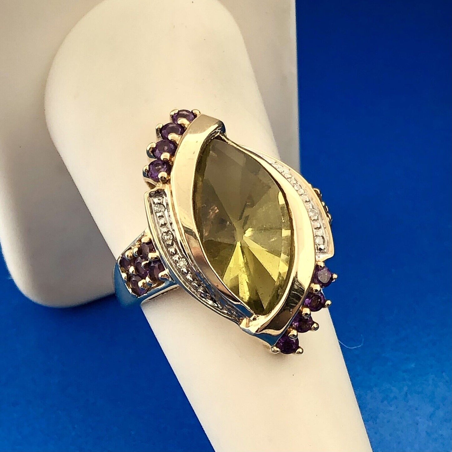 10k Yellow Gold Faceted Citrine Amethyst Diamond Accent Evil Eye Cocktail Ring