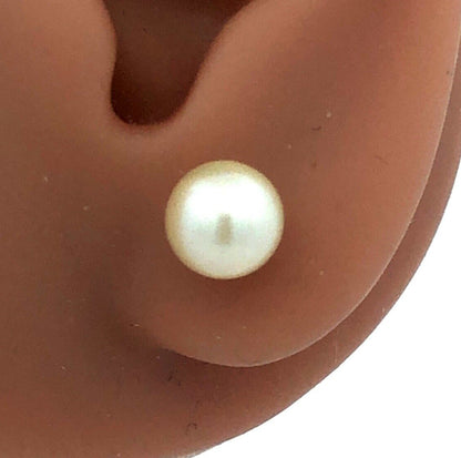 Designer CP 14K Yellow Gold Round White Pearl Solitaire Stud Earrings