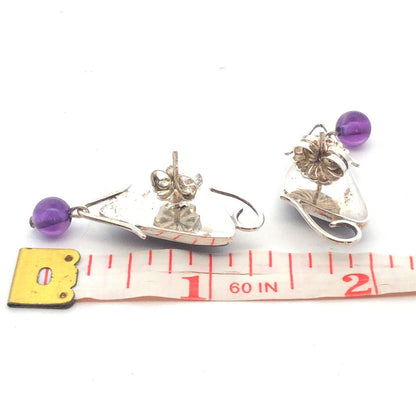 Vintage 925 Sterling Silver Triangle Charoite Amethyst Statement Stud Earrings