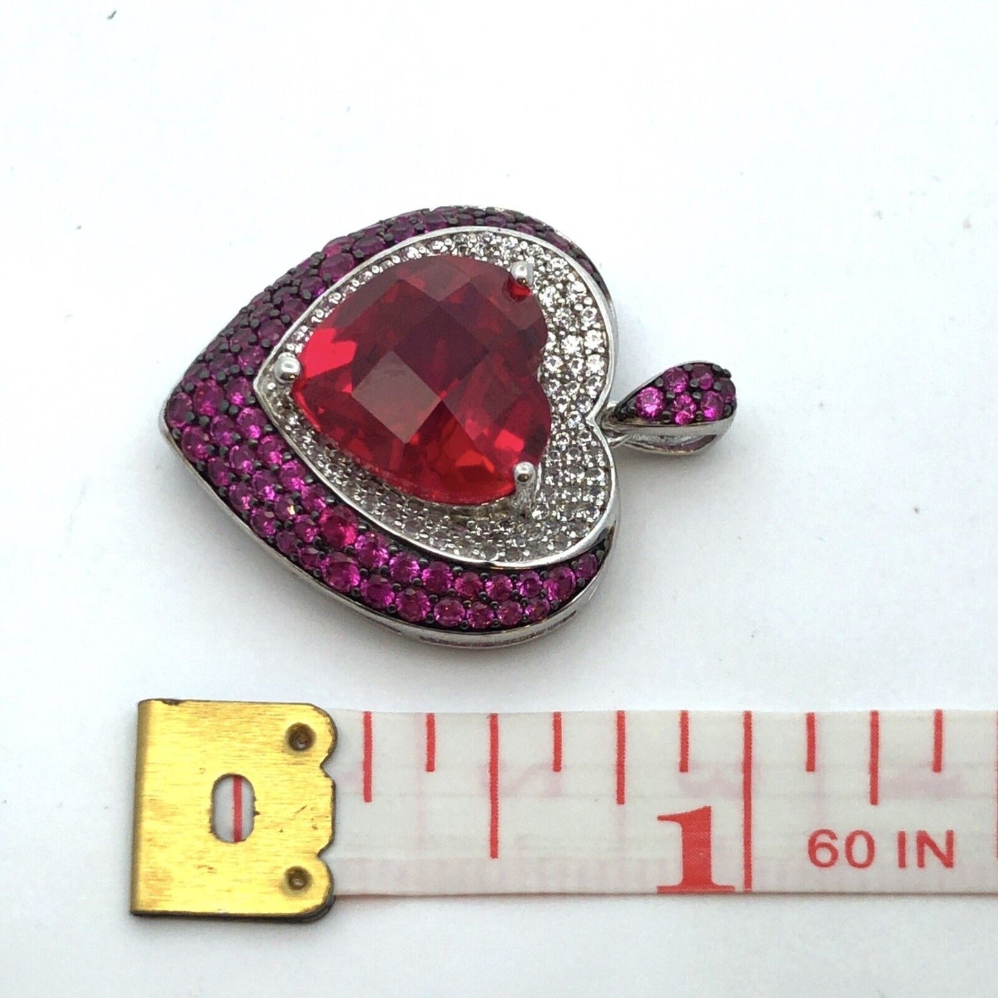 Designer PAM 925 Sterling Silver Red Pink Spinel Diamond Heart Statement Pendant