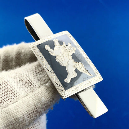 Art Deco Art Nouveau Mens 925 Sterling Silver Black Onyx Winged Lion Tie Tac Bar