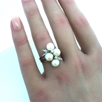14K White Gold Pearl Diamond Cluster Bridal Anniversary Birthday Cocktail Ring