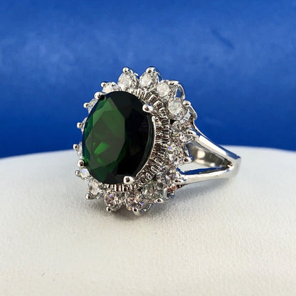 Retro Sterling Silver 925 Green White CZ Statement Fashion Cocktail Ring