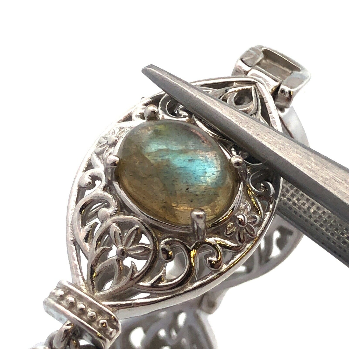 Designer STS Karis Silver Plate Oval Labradorite Open Work Scroll Heart Bracelet