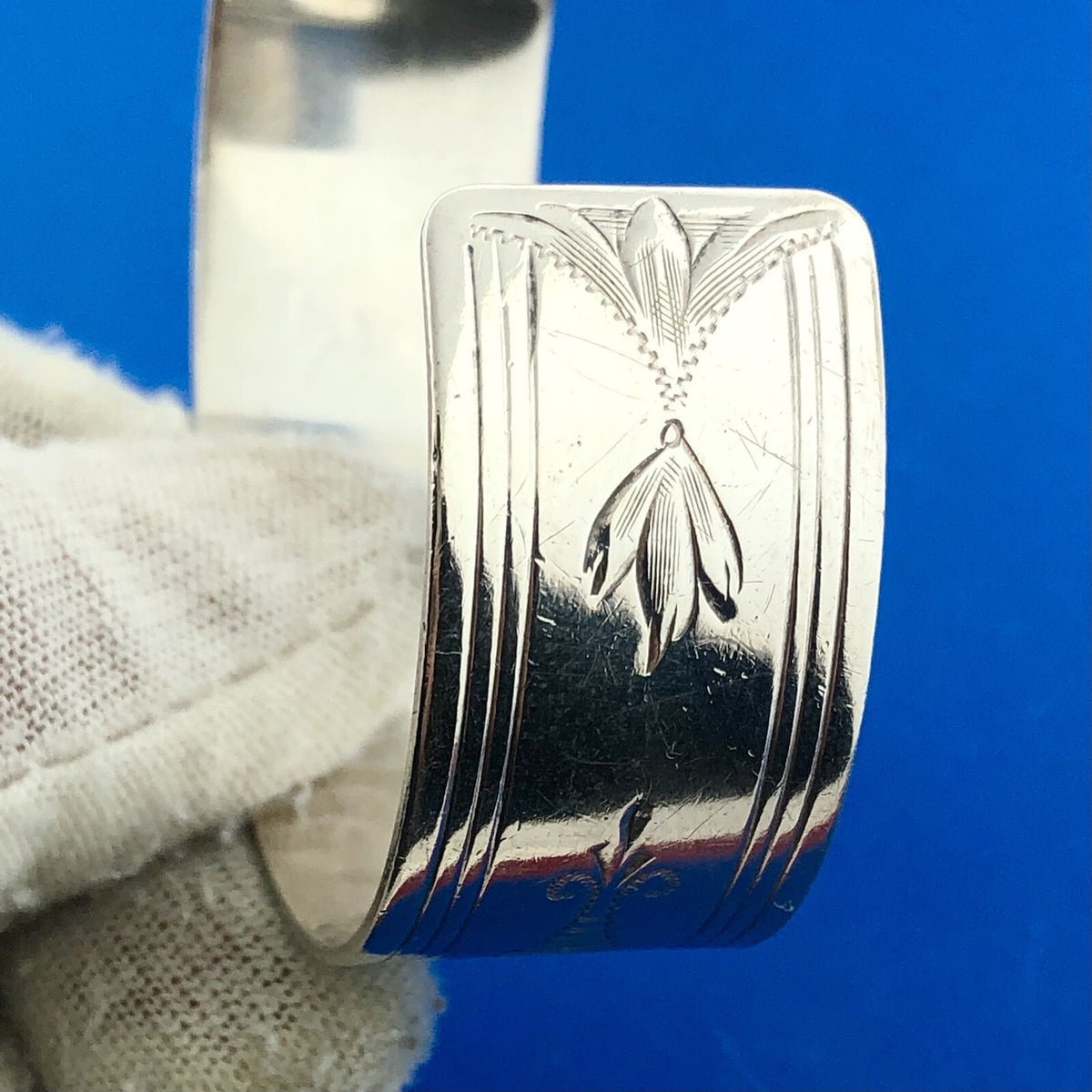 Victorian Edwardian 925 Sterling Silver Etched Floral Monogram M Cuff Bracelet