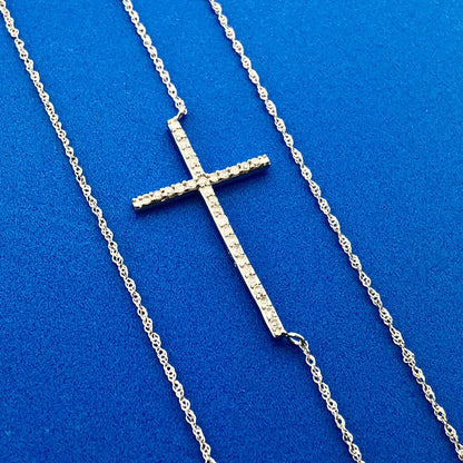 Designer 14K White Gold Diamond Bar Cross Religious Communion Easter Necklace