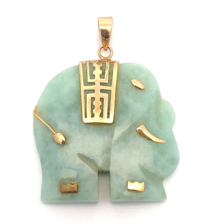 Vintage 10K Yellow Gold Jade Elephant Good Luck Symbolic Charm Pendant
